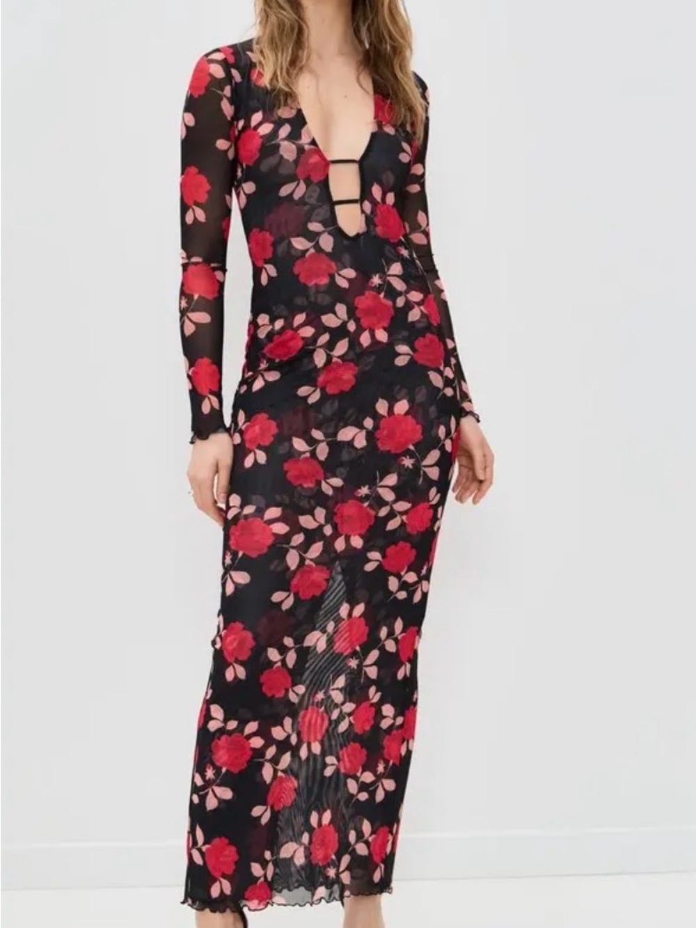 NWT- RESA Black Sheer Long Sleeve Maxi Dress with Red Floral Print 🫶